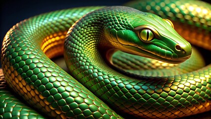 Obraz premium Close-Up of Green Snake Coiled, Vibrant Colors, Detailed Scales