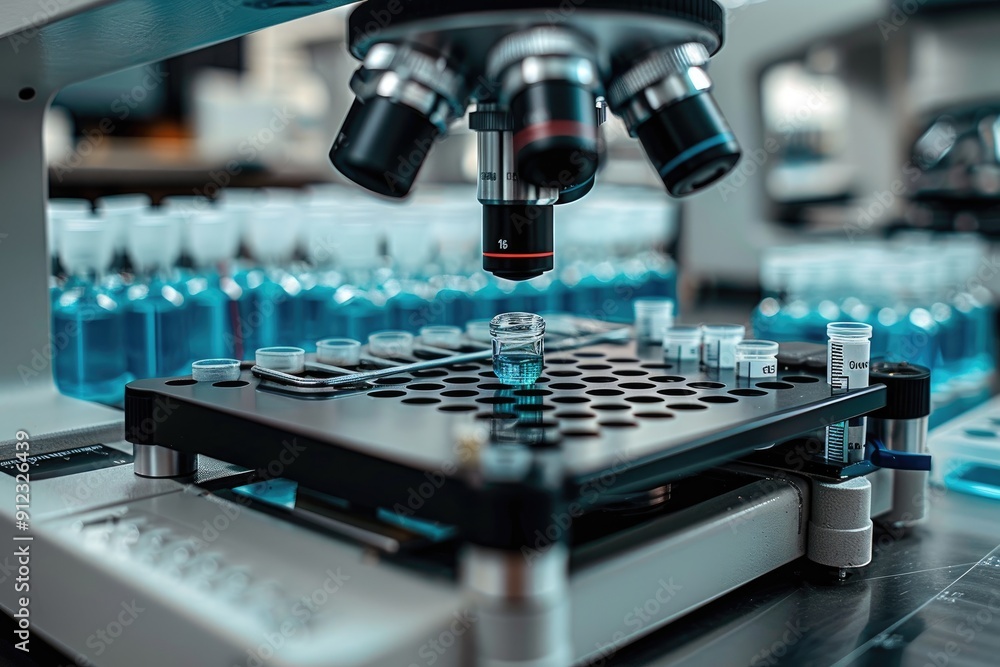 Poster microscope analyzing samples in laboratory setting