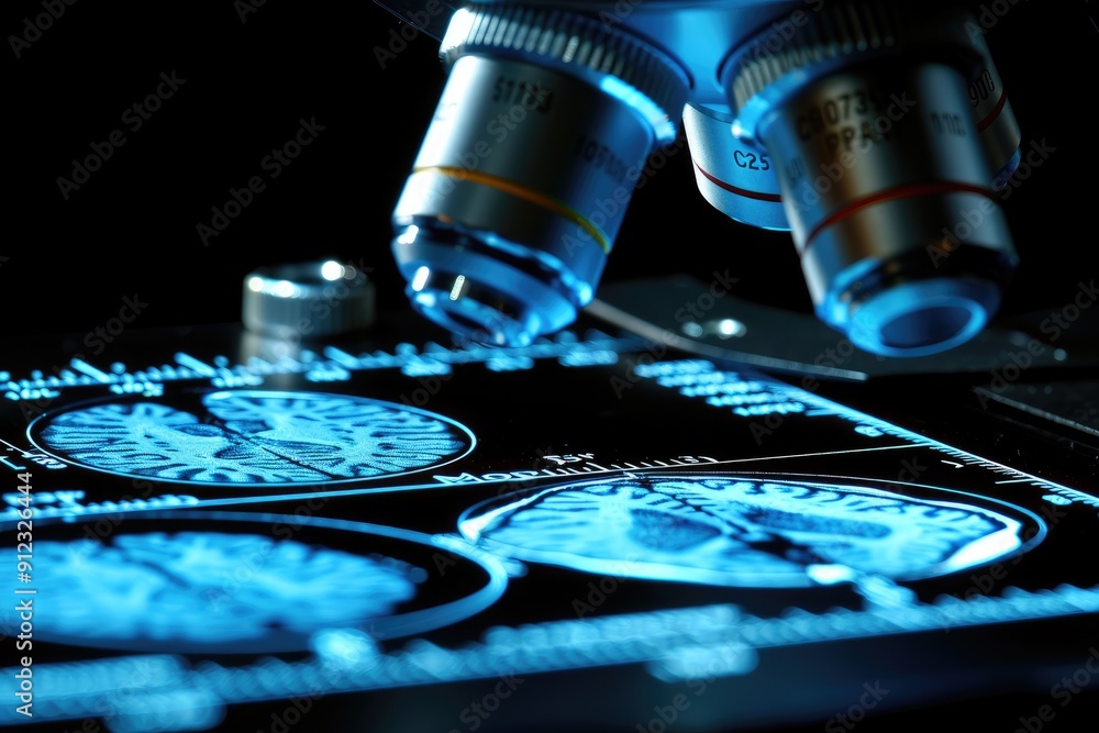Poster microscope lenses focused on a brain scan