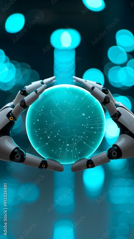 Poster futuristic robotic hands holding transparent sphere with digital circuitry and blue bokeh lights - a