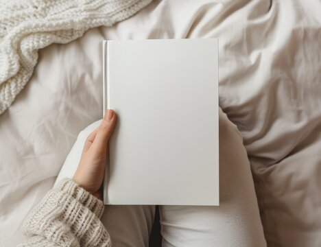 A Hand Holding a Blank Book on a White Bed