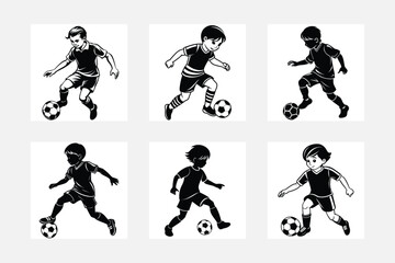 Fun kids playing football silhouette white background artwork set
