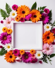 Obraz premium Colorful Floral Flat Lay with White Frame on Bright Background -