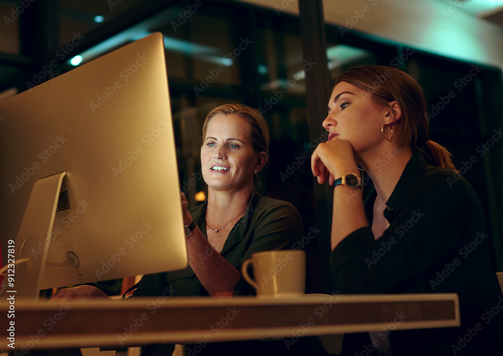 Poster Night, computer and employee with mentor at desk for collaboration, feedback or project review. Advice, help and business women in discussion for learning, planning report or support in office