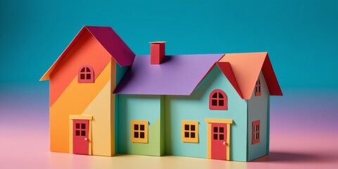Fototapeta premium Colorful Paper Toy House with Rainbow Effect on Turquoise Surfac