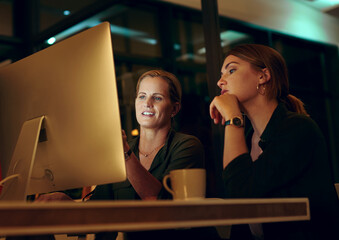Night, computer and employee with mentor at desk for collaboration, feedback or project review....