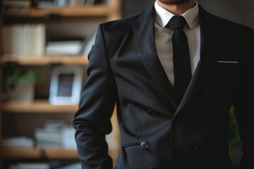 Close-up of a man wearing a black suit and tie.