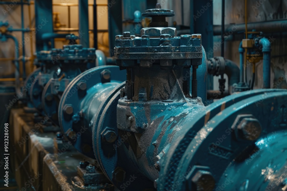 Poster a detailed view of a blue pipe in a building setting