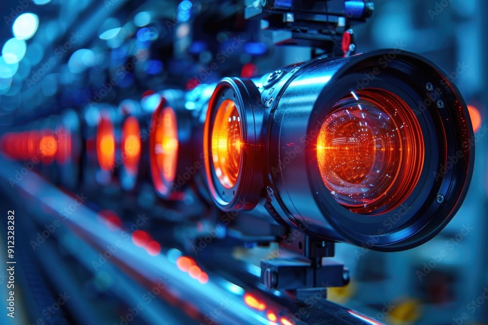Poster close-up of a row of camera lenses with red lights reflecting in them