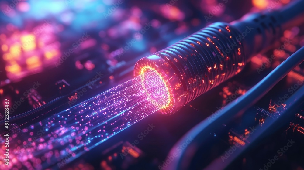 Poster a wire with a glowing tip is shown in a colorful, futuristic setting. the wire is connected to a dev