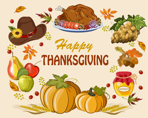 Thanksgiving in color illustration.Vector illustration with pumpkins, roasted turkey, honey and Thanksgiving fruits.
