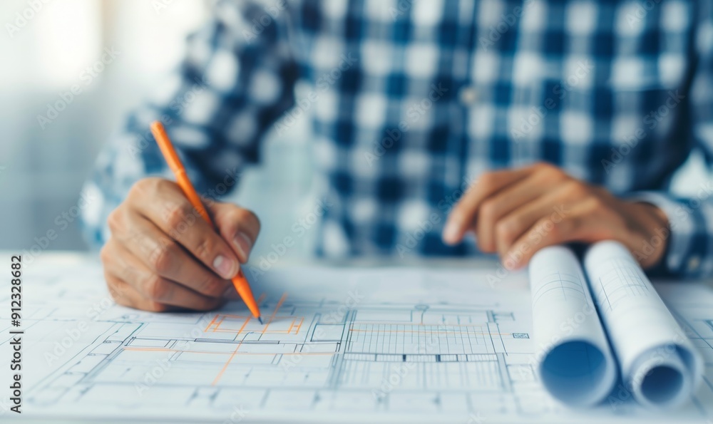 Poster architect working on blueprint with pencil and rolled drawings in office setting.