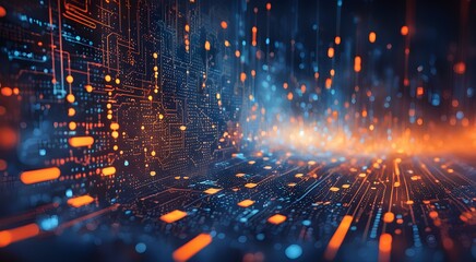 Obraz premium A computer generated image of a cityscape with orange and blue lights