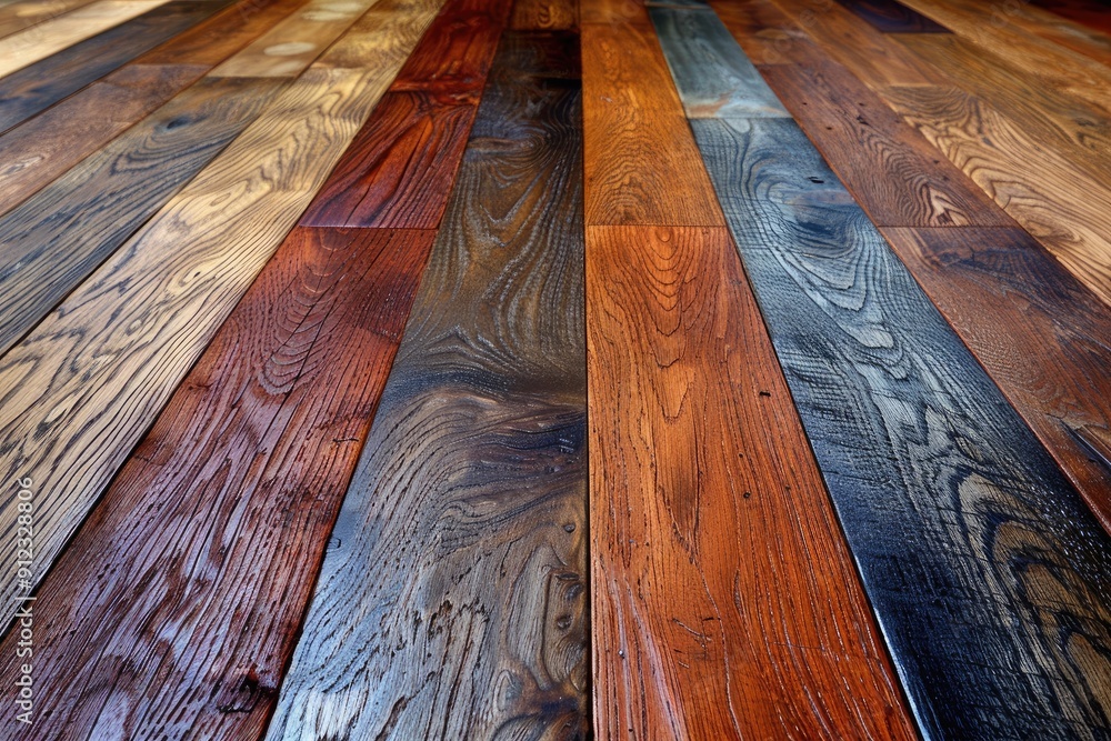 Poster close-up of a varied wood floor with multiple shades and grain patterns