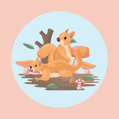 Squirrel Animal Couple Flat Vector Colorful with Nature Background Elements