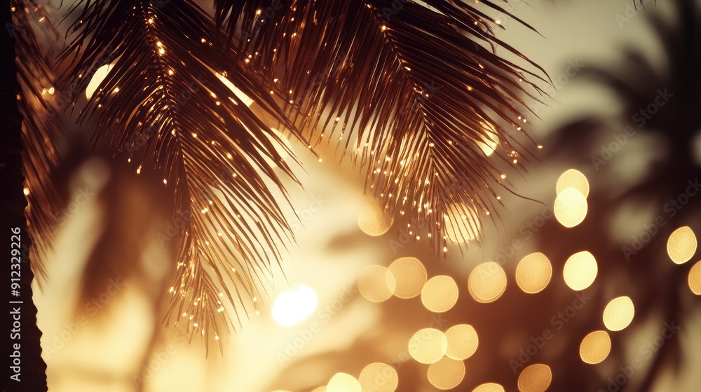 Poster a palm tree with a lot of lights on it. the lights are scattered all over the tree and it looks like