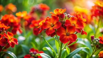 Vibrant orange and red wallflower blooms sway amidst lush green leaves in a sunny spring garden, creating a stunning, soft-focus floral background.