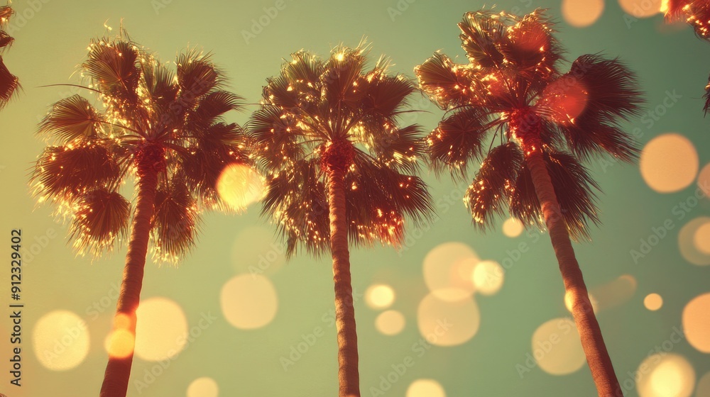 Poster three palm trees are lit up with lights, creating a warm and inviting atmosphere. the lights are sca