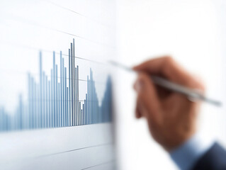Data analysis in progress, hand pointing at a financial chart, highlighting trends and fluctuations in a modern office setting, focus on statistical insight.