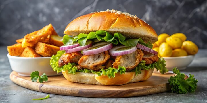 Appetizing closeup of a juicy pork meat bondiola sandwich with crisp lettuce, onion pickles, and golden fried potatoes on a sleek marble table.
