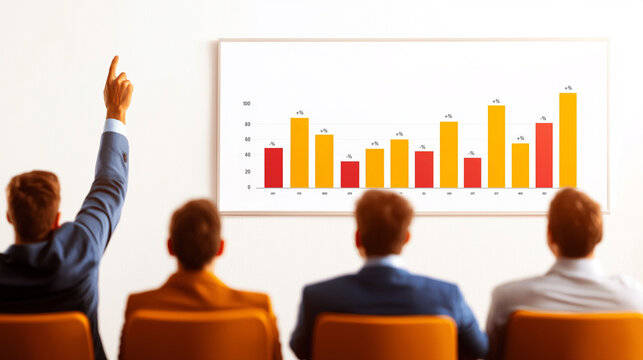 Team discussing performance metrics, one member engaged and pointing at a bar graph displaying monthly data trends in an office setting.