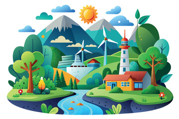 Fototapeta premium cartoon view of green island with river, hills, trees, houses and windmills. clouds mountains and sun above.