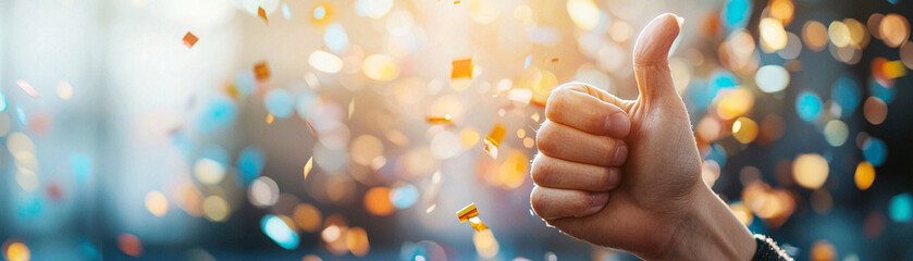 Celebratory Gesture, an enthusiastic hand giving a thumbs up amidst a colorful burst of confetti, capturing the joy and excitement of a festive moment