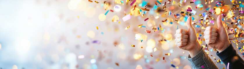Joyful celebration, hands giving thumbs up amidst a dazzling shower of colorful confetti, sparkling lights enhancing the festive atmosphere of happiness and success.