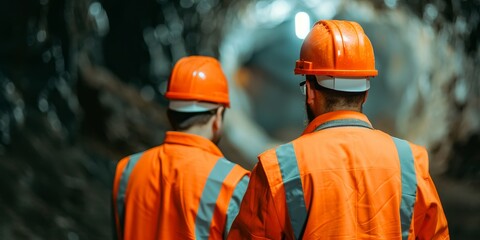 two construction workers in hard hats and safety vests walking through a tunnel during a construction project.