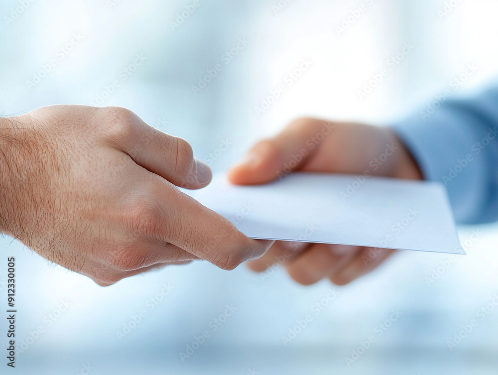 Wall mural handing over important documents, two hands exchanging a blank envelope, conveying trust, responsibi