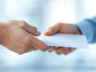 Handing Over Important Documents, Two hands exchanging a blank envelope, conveying trust, responsibility, and anticipation in a professional or personal context.