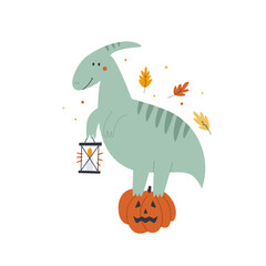 Halloween Dinosaur Illustration, Spooky Dino with Jack-o-Lantern Pumpkin