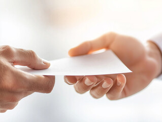 Handing over an important document, two hands exchanging a blank paper, conveying trust and intention in a professional or personal context.