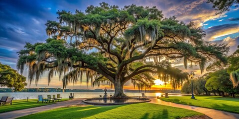 Fototapeta premium Majestic oak tree draped in wispy Spanish moss stands tall along the tranquil waterfront in City Park, exuding a sense of historic charm and serenity.