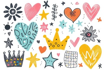 A colorful illustration featuring hearts, crowns, and stars