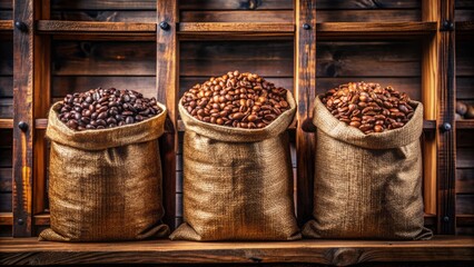 Fototapeta premium Three premium bags of Arabica coffee beans sit neatly on a shelf, showcasing the high-quality product with a rich, bold flavor, perfect for coffee connoisseurs.