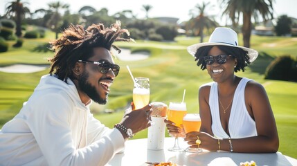 "Sunny Golf Getaway: Two African American Friends in White Attire Savor a Beer Brunch Amidst the Greens"