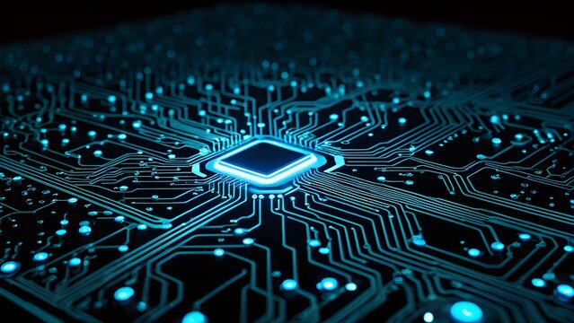 A computer chip is shown in a blue and white color scheme