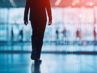 silhouette of businessman walking through modern office building with abstract data visualization in background - business professional success and growth concept