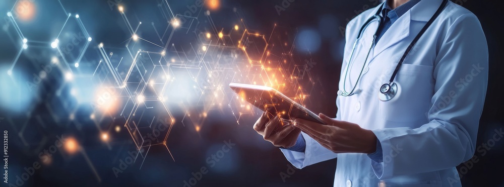 Poster digital healthcare analytics enables doctors to interact with holographic virtual interfaces with th