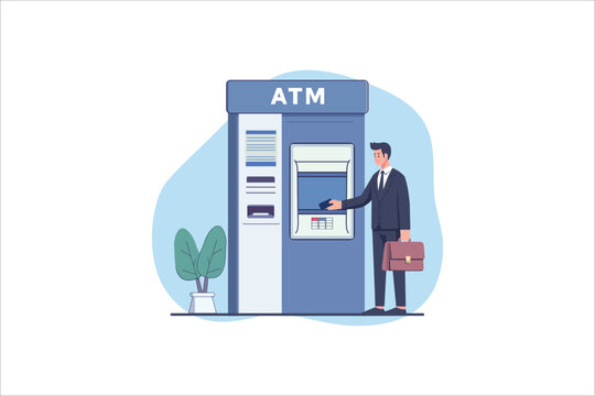 Man customer using credit card in atm machine and withdraw money. Flat style vector illustration isolated on white background