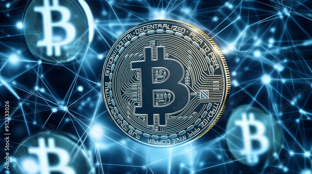Poster close-up of digital currency floating in a virtual space with network connections, more clarity with
