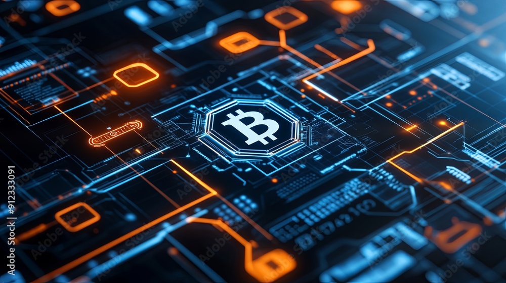 Poster semi close-up of a digital interface with blockchain technology graphics, more clarity with clear li