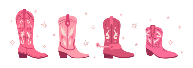 Cowgirl pink boots set. Flat hand drawn vector illustration. Cowboy Western and Wild West concept