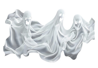 Spooky halloween ghost. Fly phantom spirit with scary face. Ghostly apparition in white fabric vector illustration set