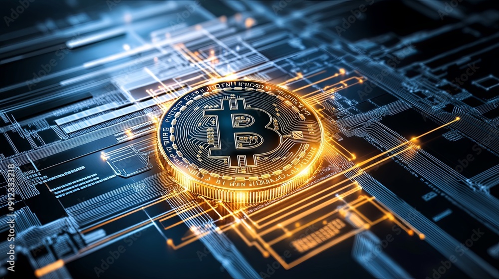 Poster close-up of a virtual currency exchange with glowing interface and data flow, more clarity with clea