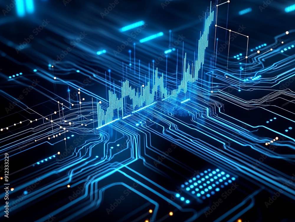 Poster close-up of digital data streams representing financial growth in a virtual space, more clarity with