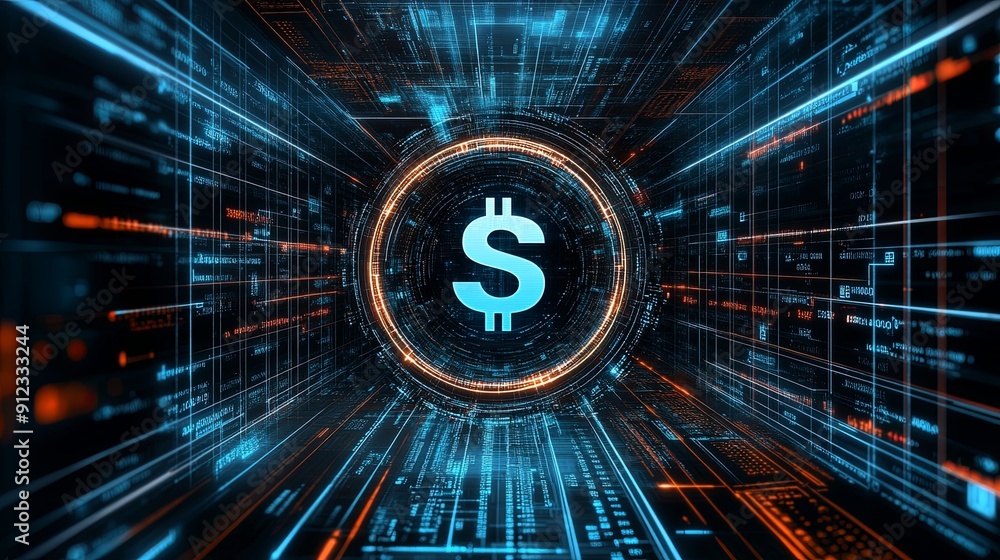 Poster abstract digital landscape with glowing data streams, currency symbols floating, and a central copy 