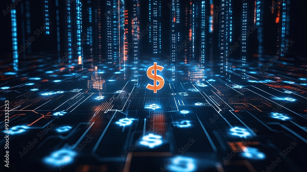 Poster abstract digital landscape with glowing data streams, currency symbols floating, and a central copy 