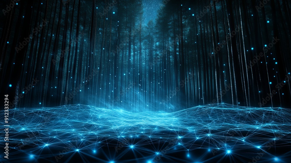 Poster a digital forest of interconnected nodes, with data flowing through like a river, copy space in a cl